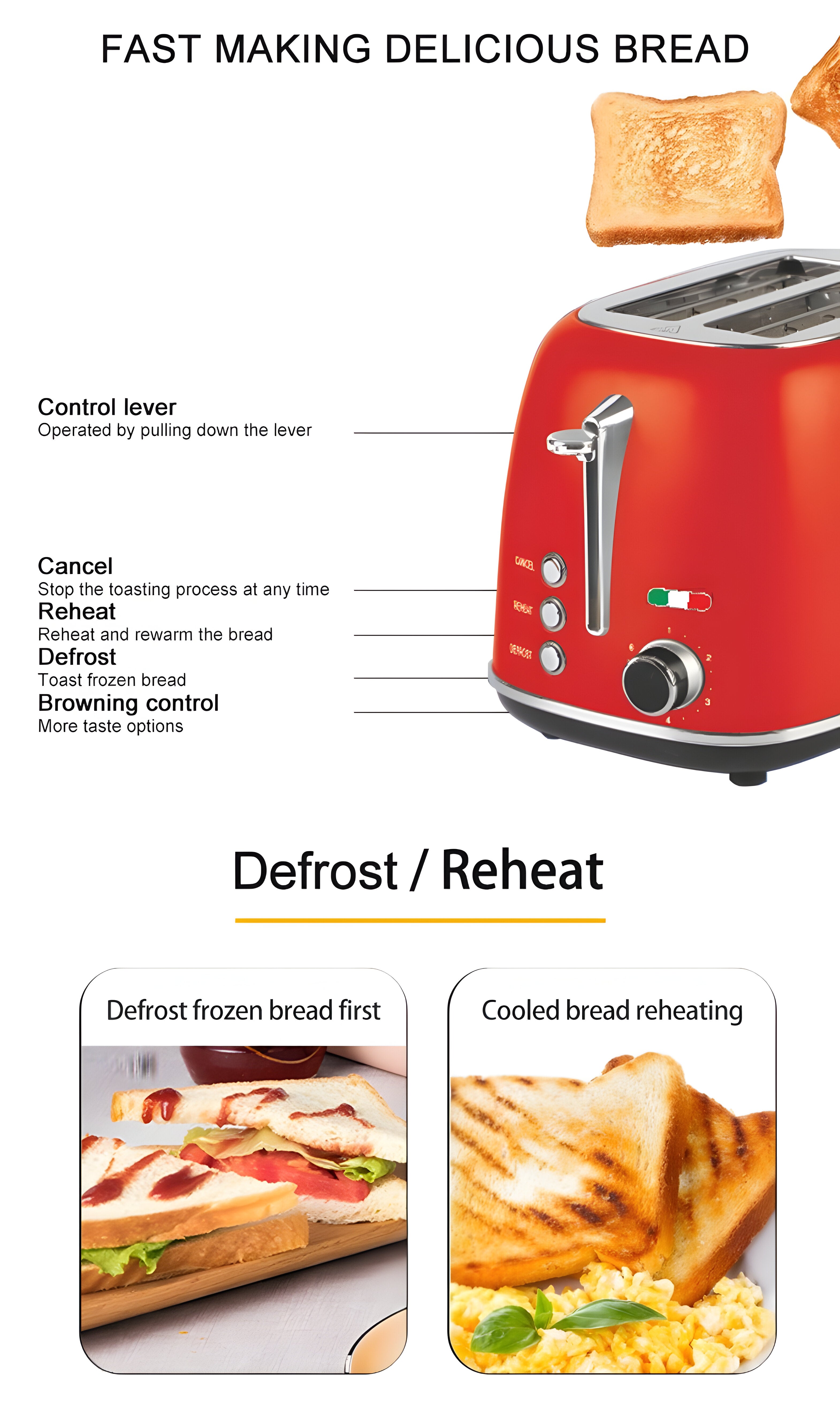 Vintage-Style Electric 2-Slice Toaster – Stainless Steel & Retro Design – Red