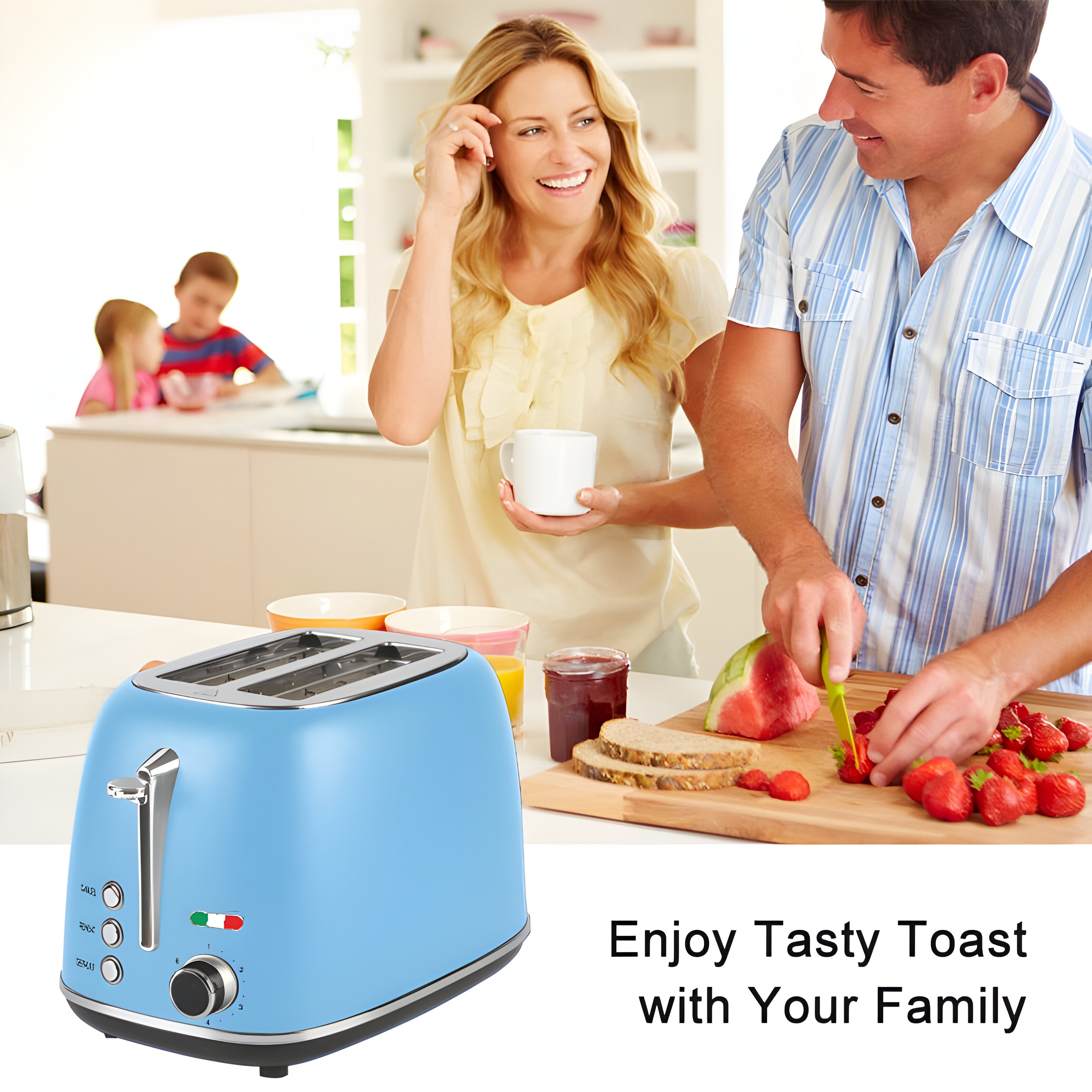 Vintage-Style Electric 2-Slice Toaster – Stainless Steel & Retro Design – Sky Blue