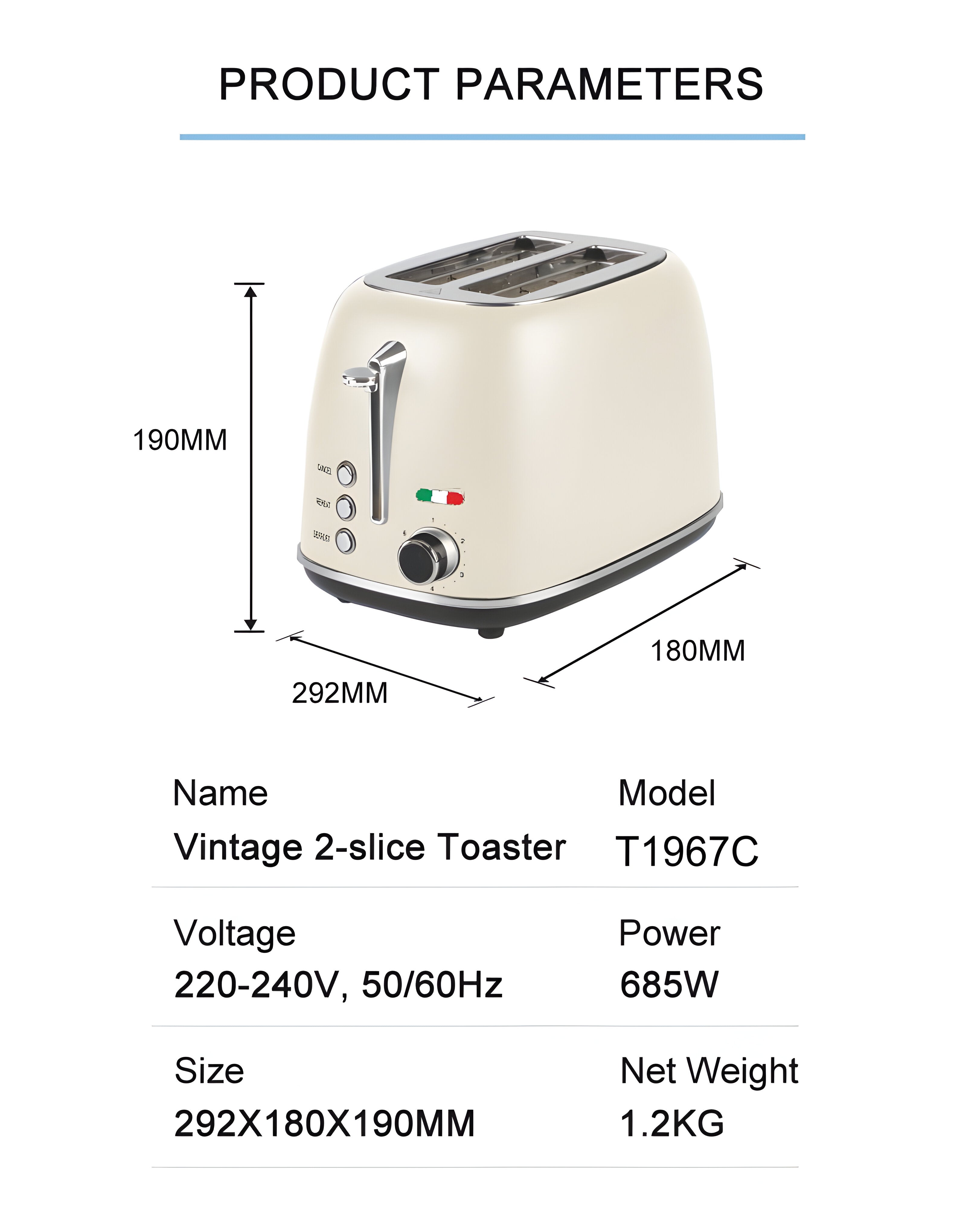 Vintage-Style Electric 2-Slice Toaster – Stainless Steel & Retro Design – Cream