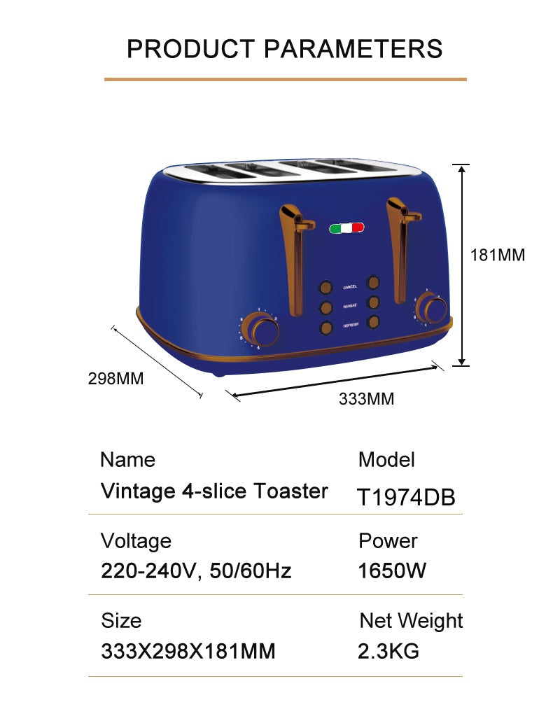 Vintage Electric 4 Slice Toaster Copper Blue Stainless Steel 1650W