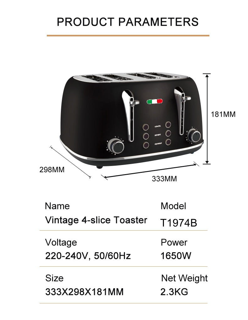 Vintage Electric 4 Slice Toaster Black Stainless Steel 1650W