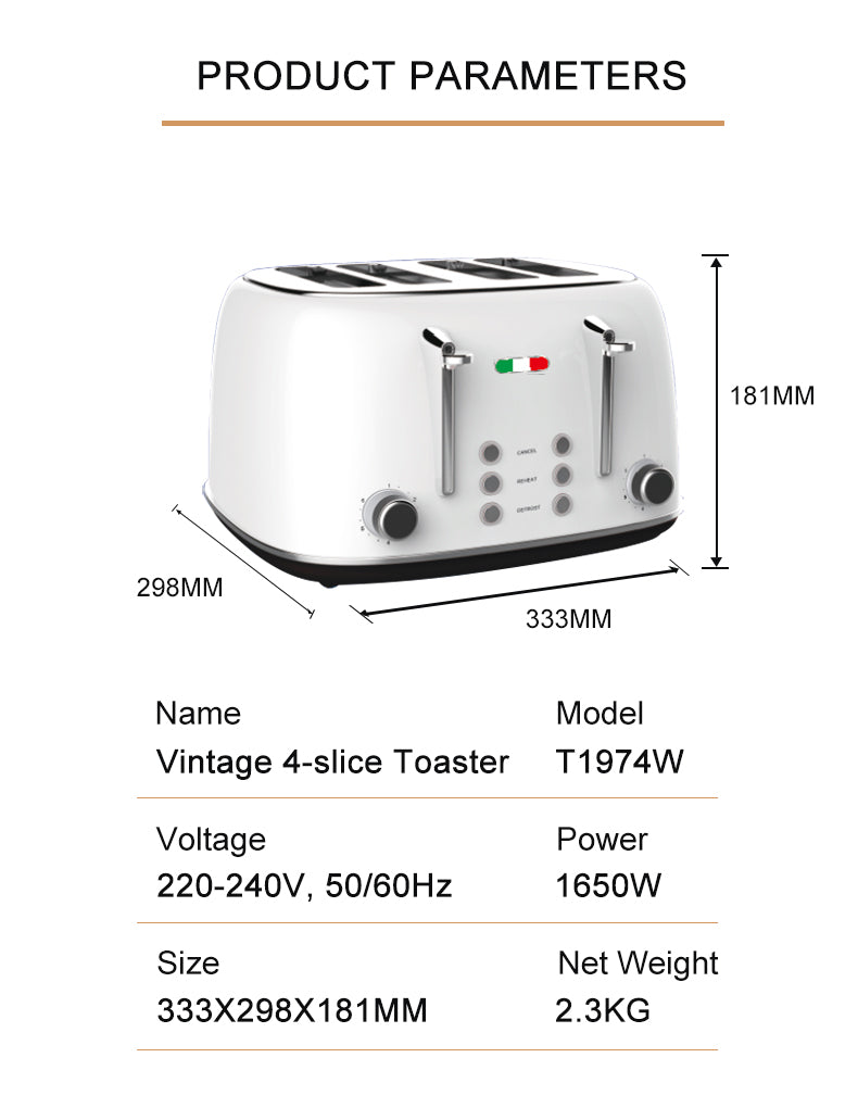 Vintage Electric 4 Slice Toaster White Stainless Steel 1650W