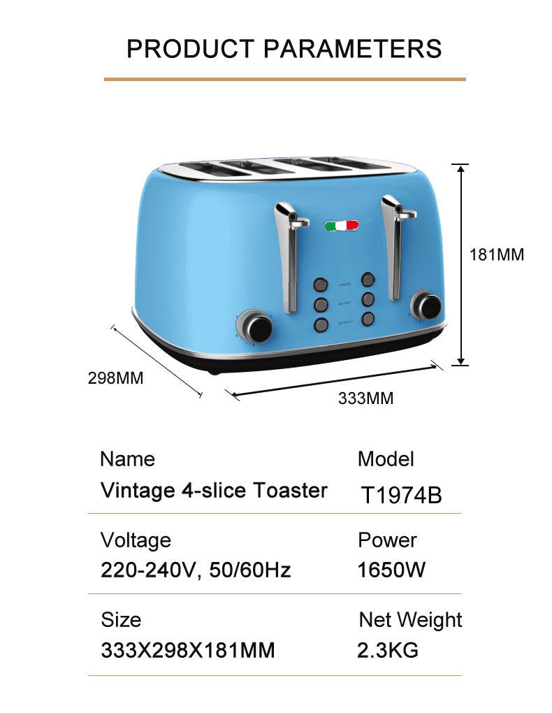 Vintage Electric 4 Slice Toaster Sky Blue Stainless Steel 1650W