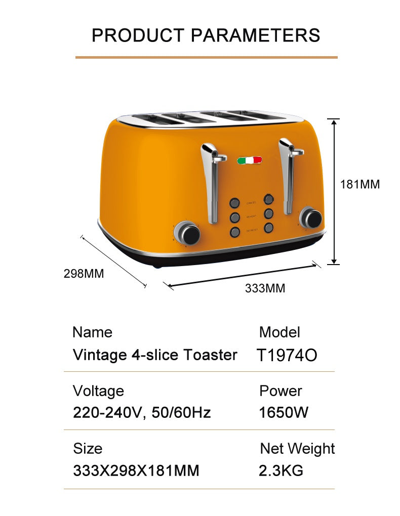 Vintage Electric 4 Slice Toaster Orange Stainless Steel 1650W