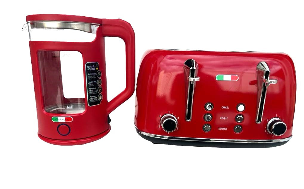 Vintage Electric 1.7L Glass Kettle and Toaster 4 Slice Combo Stainless Steel Red