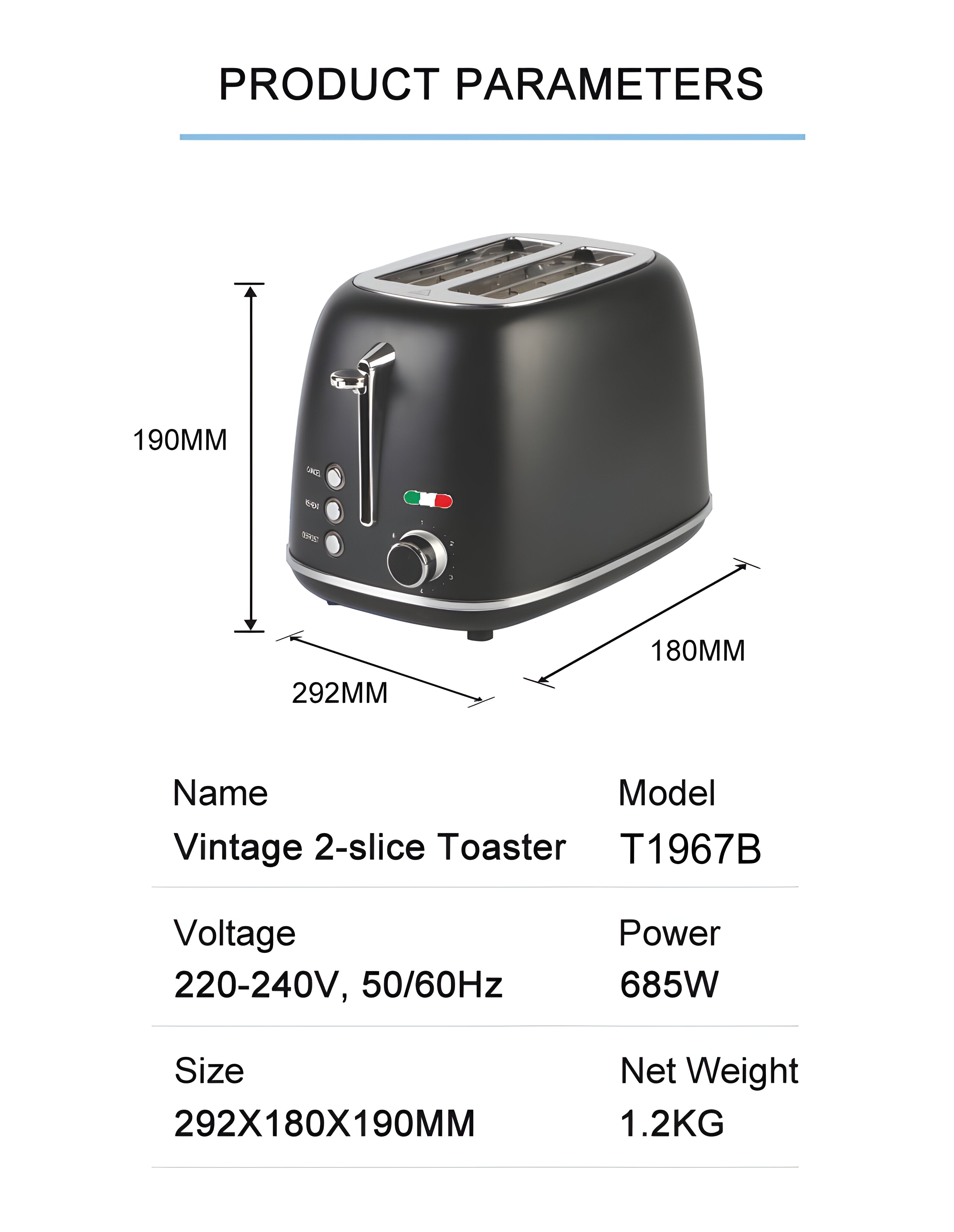 Vintage-Style Electric 2-Slice Toaster – Stainless Steel & Retro Design – Black