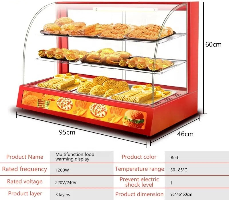 Commercial Electric Food Warming Glass Showcase Hotbar Pie Warmer Display Cabinet - 950mm