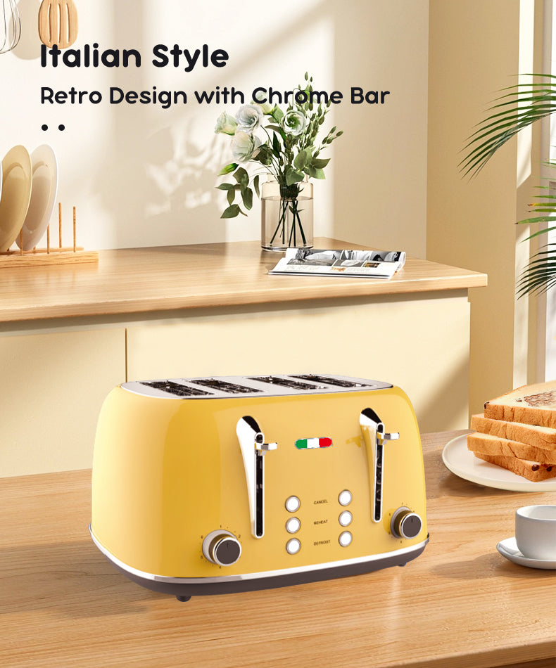 Vintage Electric 1.7L Glass Kettle and Toaster 4 Slice Combo Stainless Steel Yellow