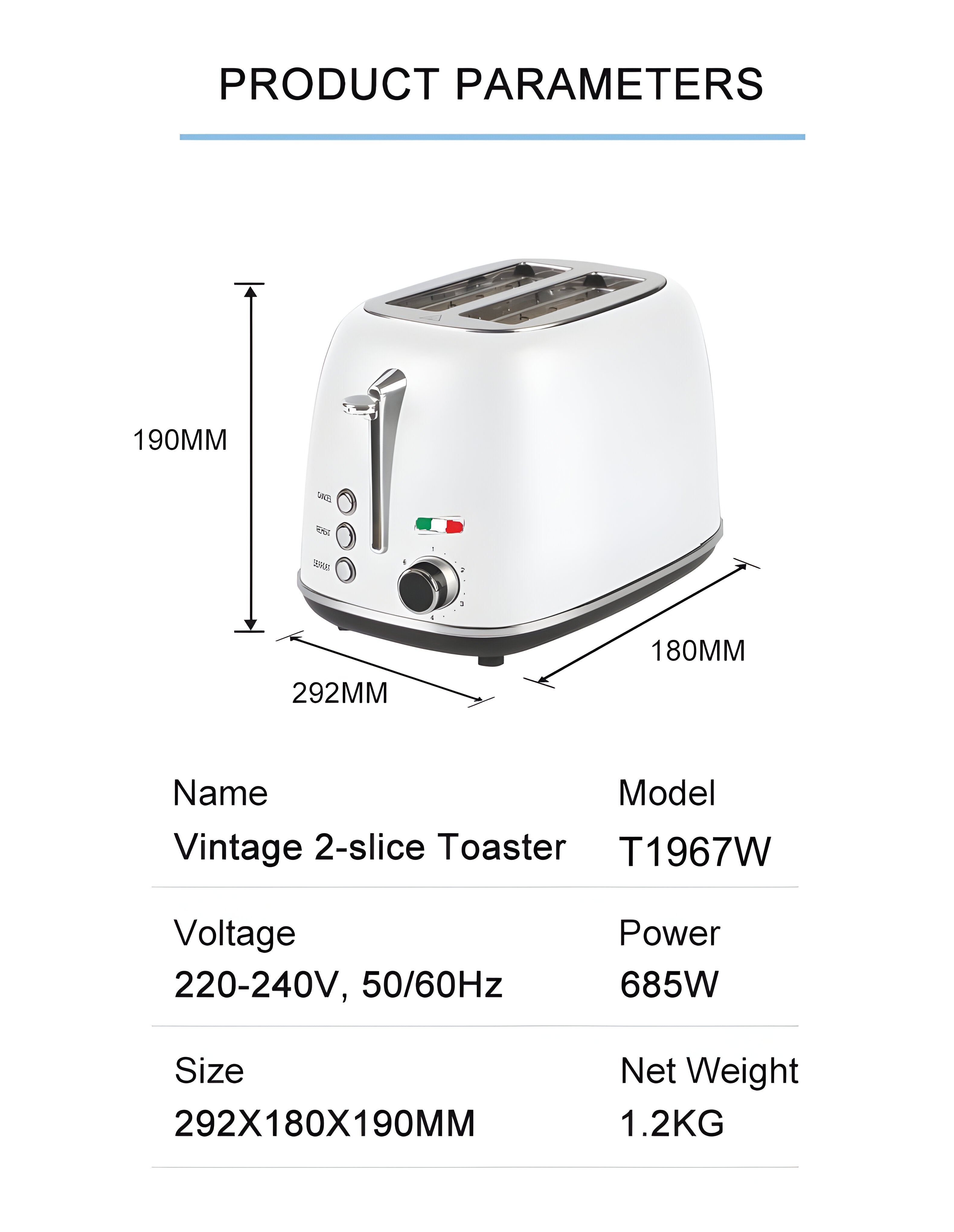 Vintage-Style Electric 2-Slice Toaster – Stainless Steel & Retro Design – White