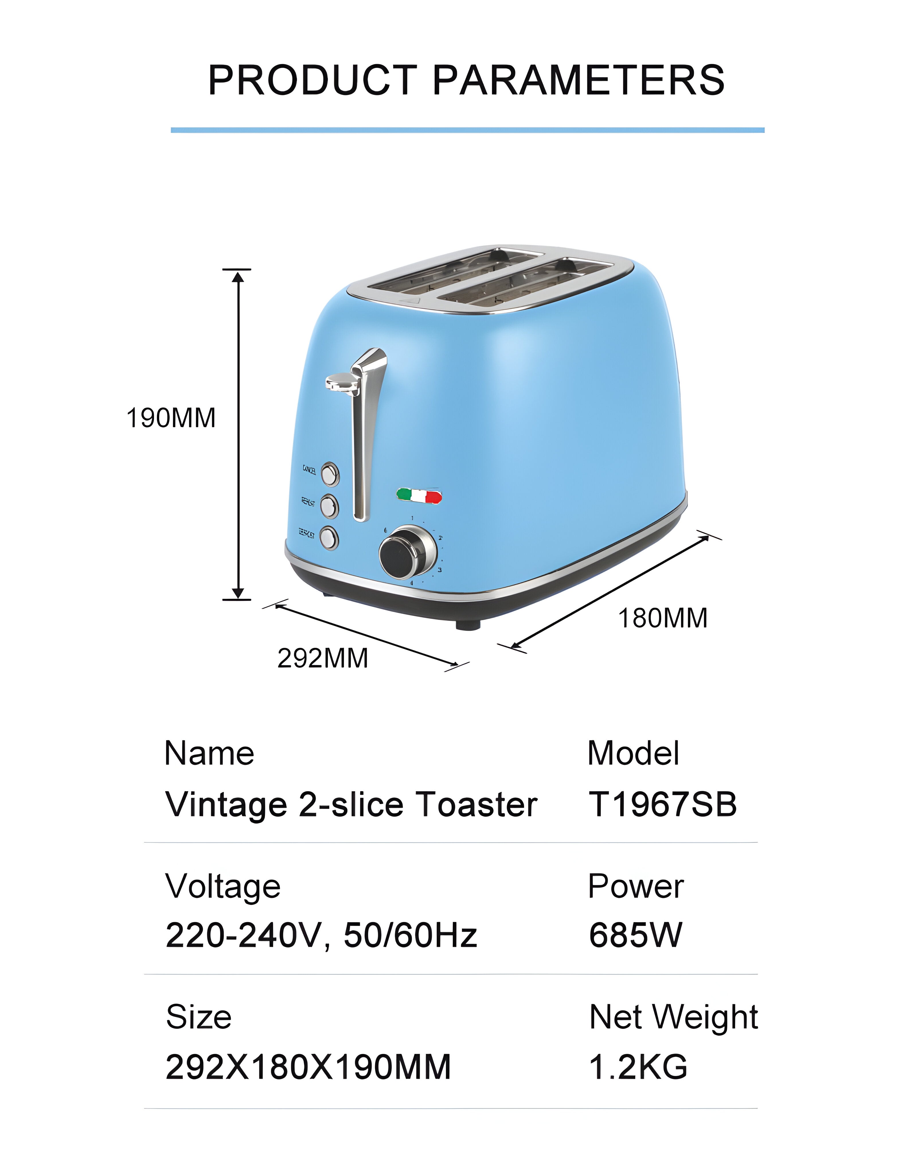 Vintage-Style Electric 2-Slice Toaster – Stainless Steel & Retro Design – Sky Blue