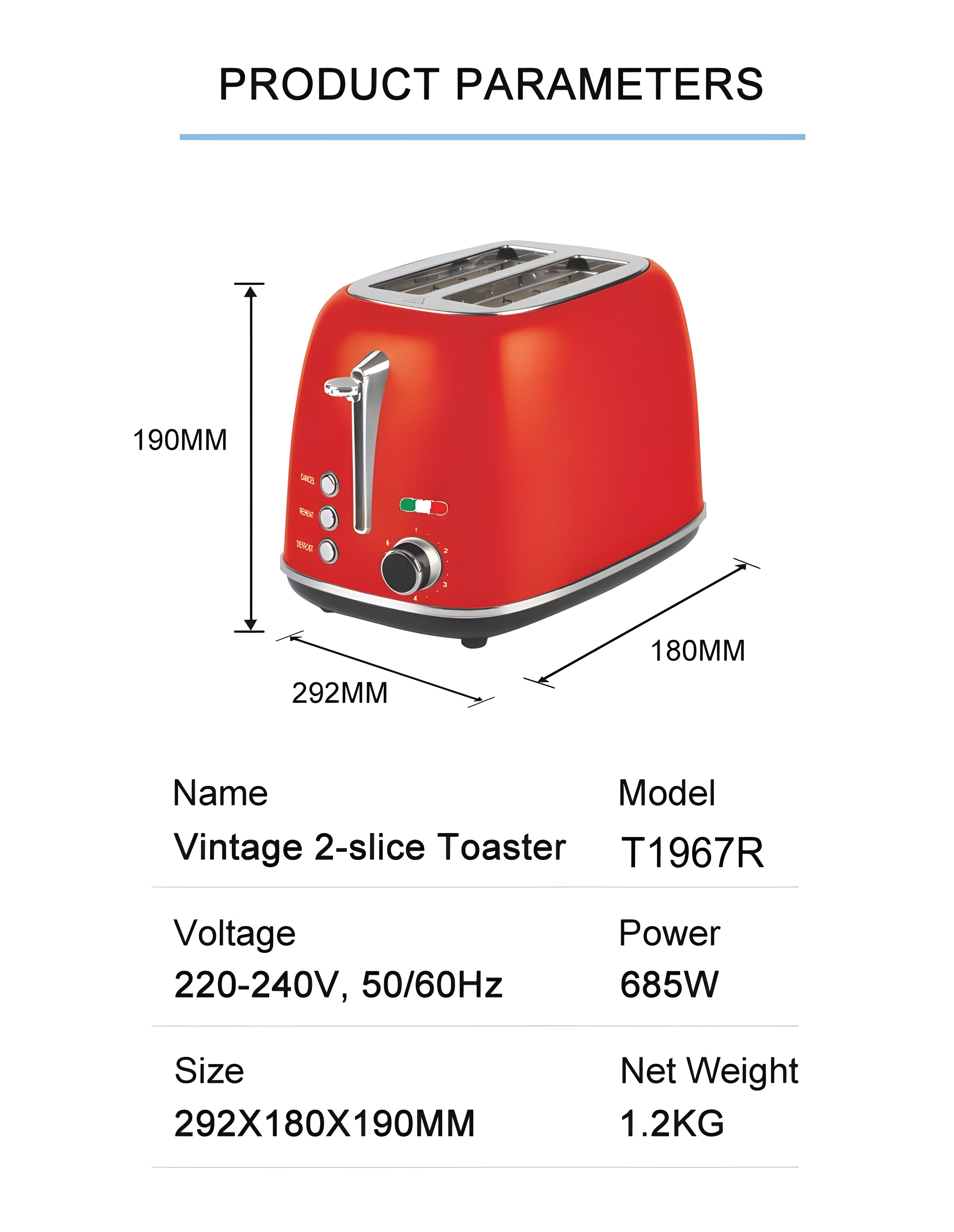 Vintage-Style Electric 2-Slice Toaster – Stainless Steel & Retro Design – Red