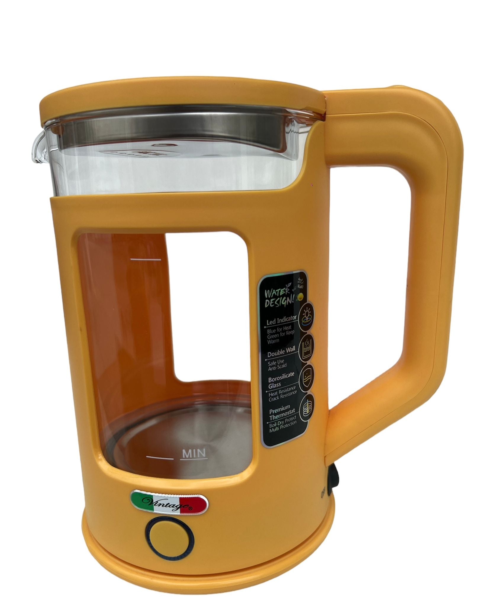 Vintage Electric 1.7L Glass Kettle Boil Dry Protection With Keep Warm Function - Yellow