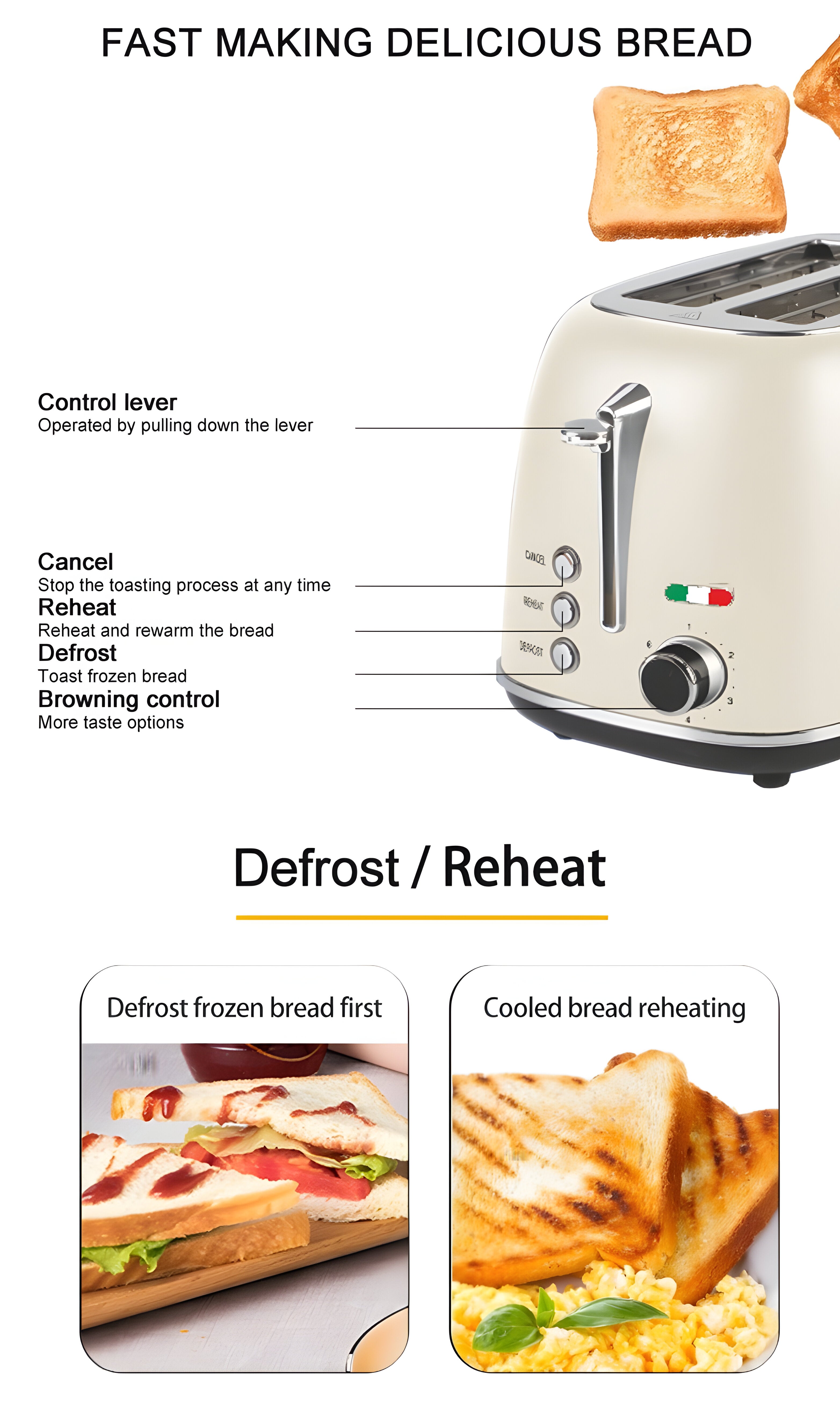 Vintage-Style Electric 2-Slice Toaster – Stainless Steel & Retro Design – Cream