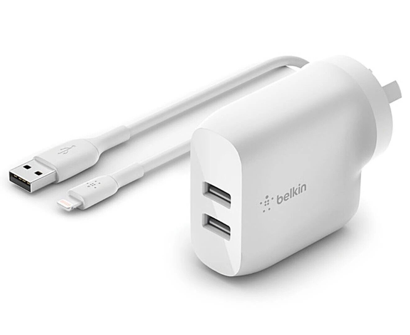 Belkin BoostUp Charge 24W Dual USB-A Charger + Lightning to USB-A Cable (White)