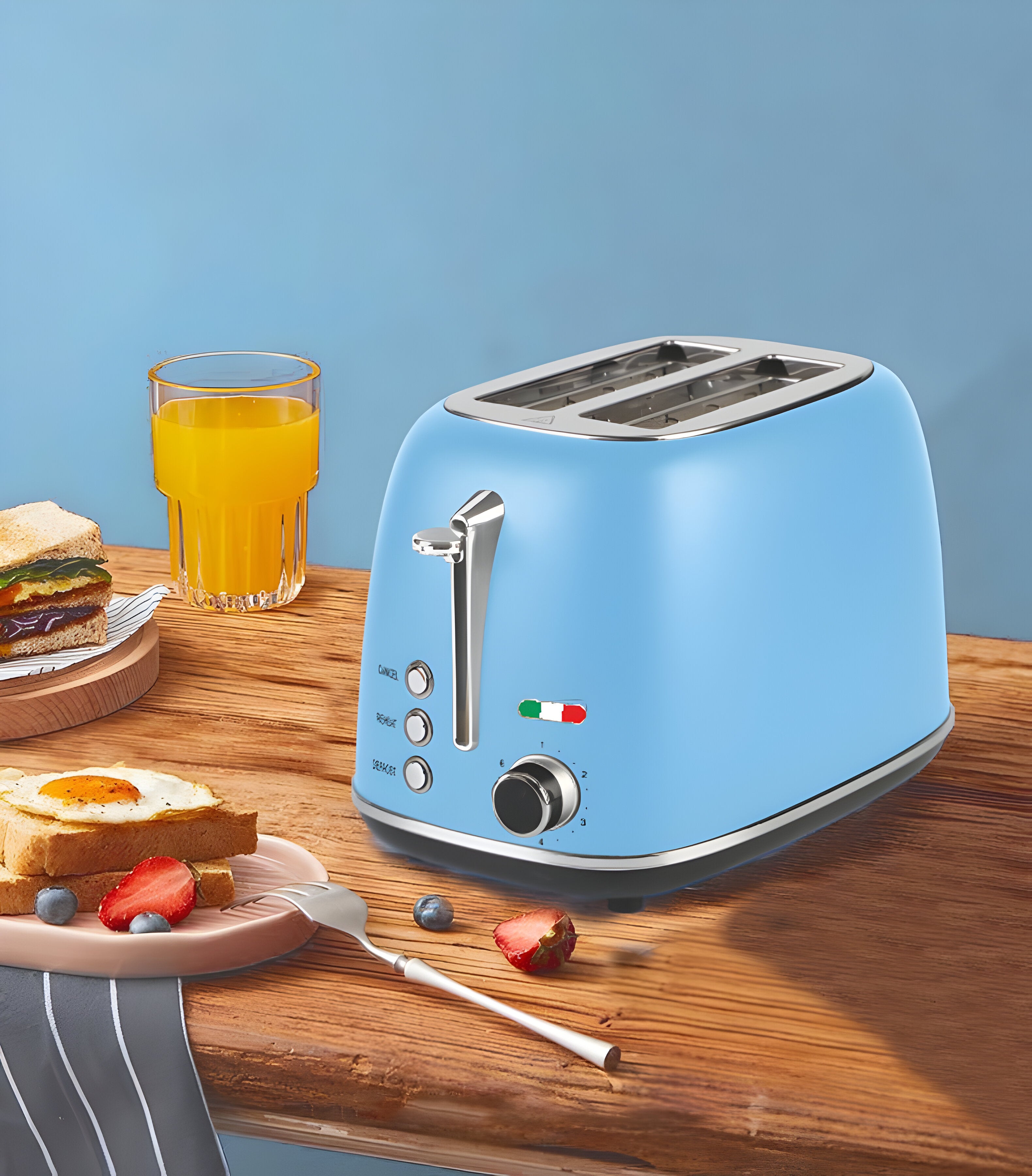 Vintage-Style Electric 2-Slice Toaster – Stainless Steel & Retro Design – Sky Blue