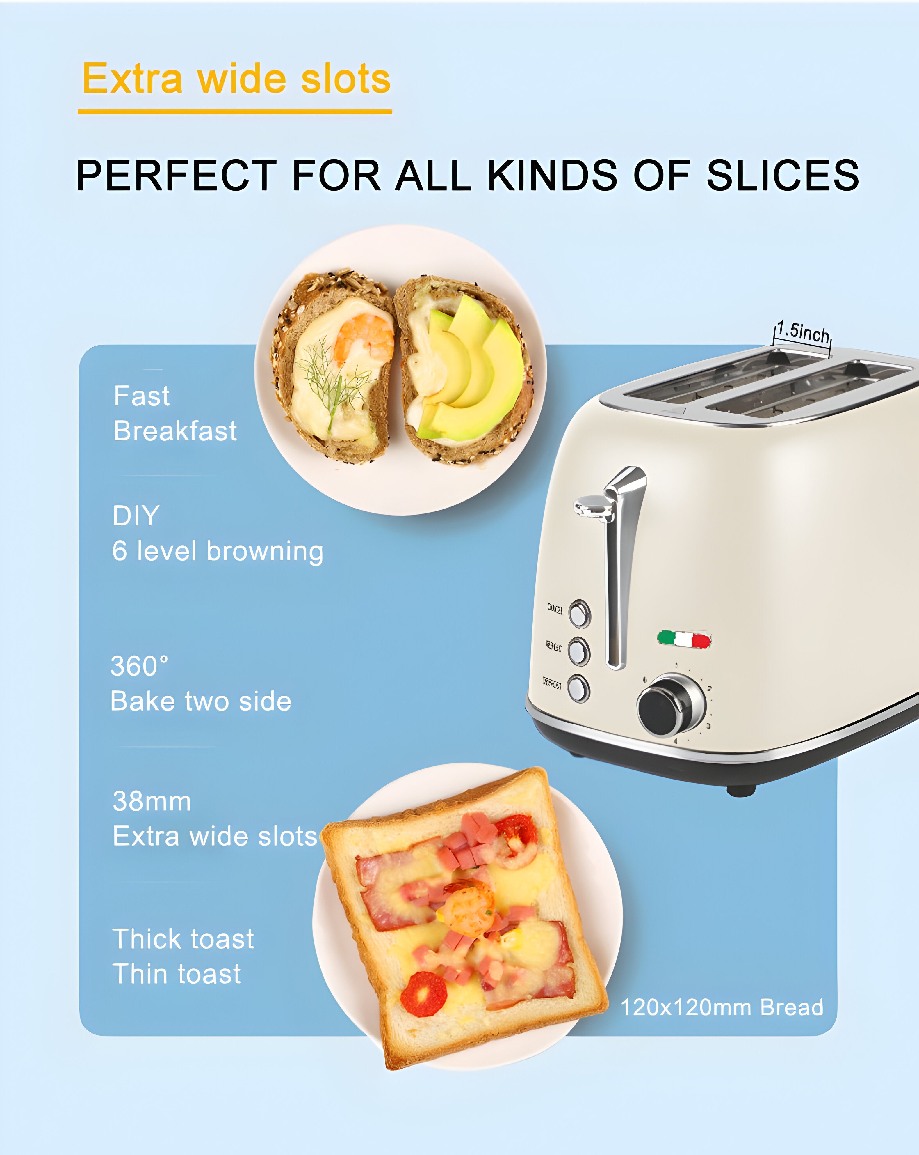 Vintage-Style Electric 2-Slice Toaster – Stainless Steel & Retro Design – Cream