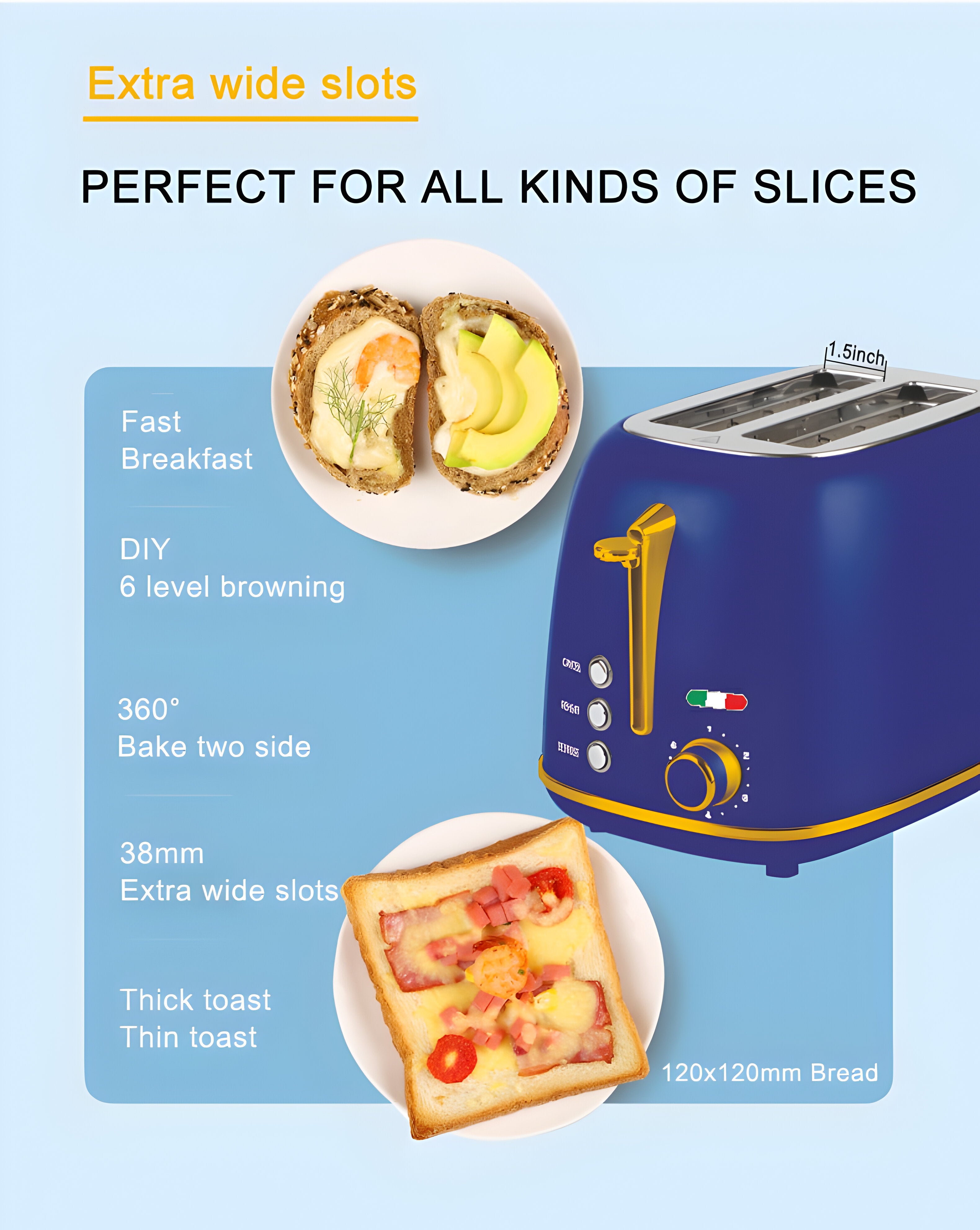 Vintage-Style Electric 2-Slice Toaster – Stainless Steel & Retro Design – Copper Blue