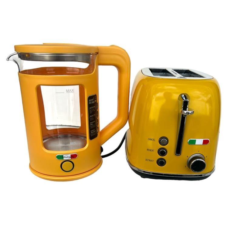 Vintage Electric 1.7L Glass Kettle and 2 Slice Toaster Combo Stainless Steel Yellow