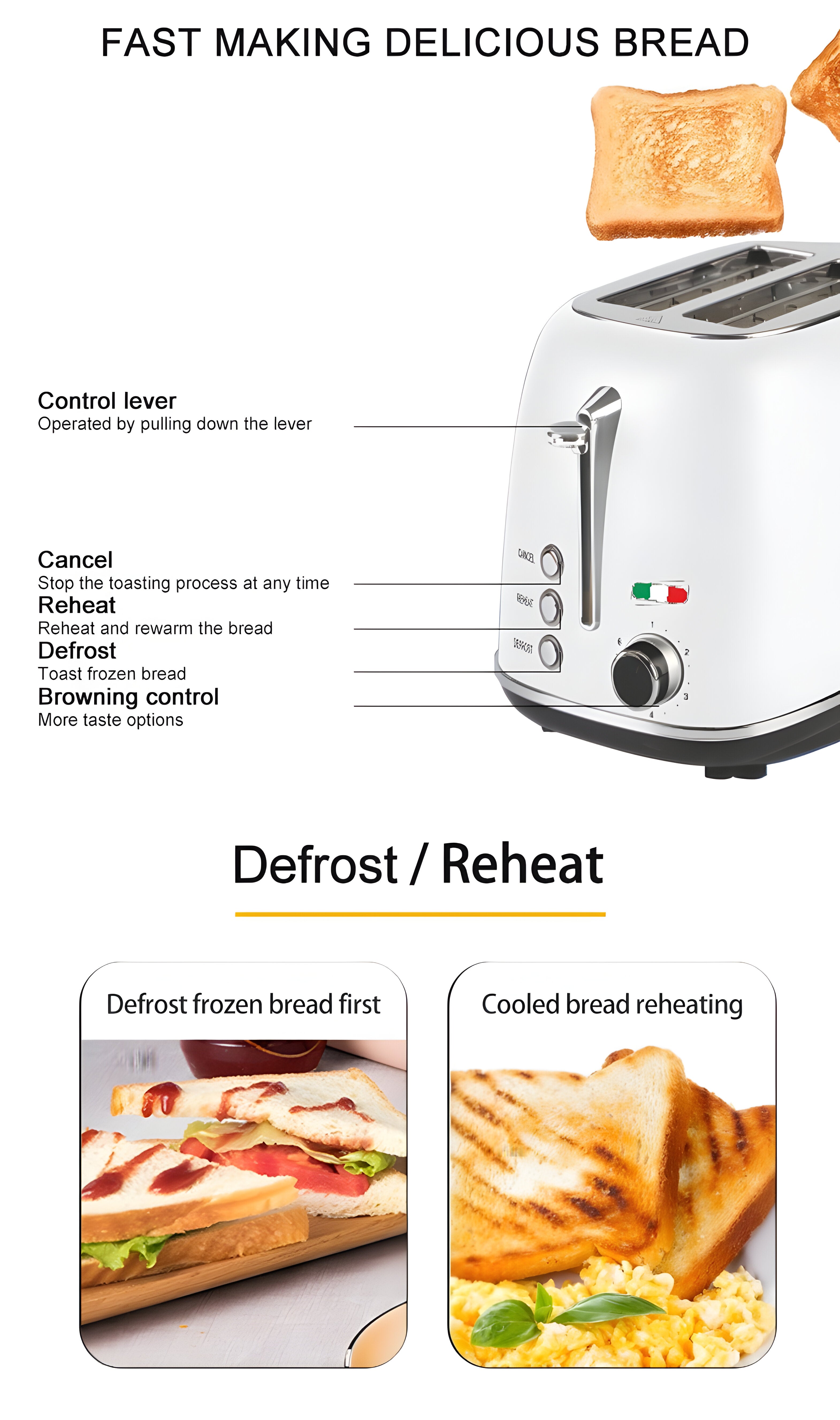 Vintage-Style Electric 2-Slice Toaster – Stainless Steel & Retro Design – White