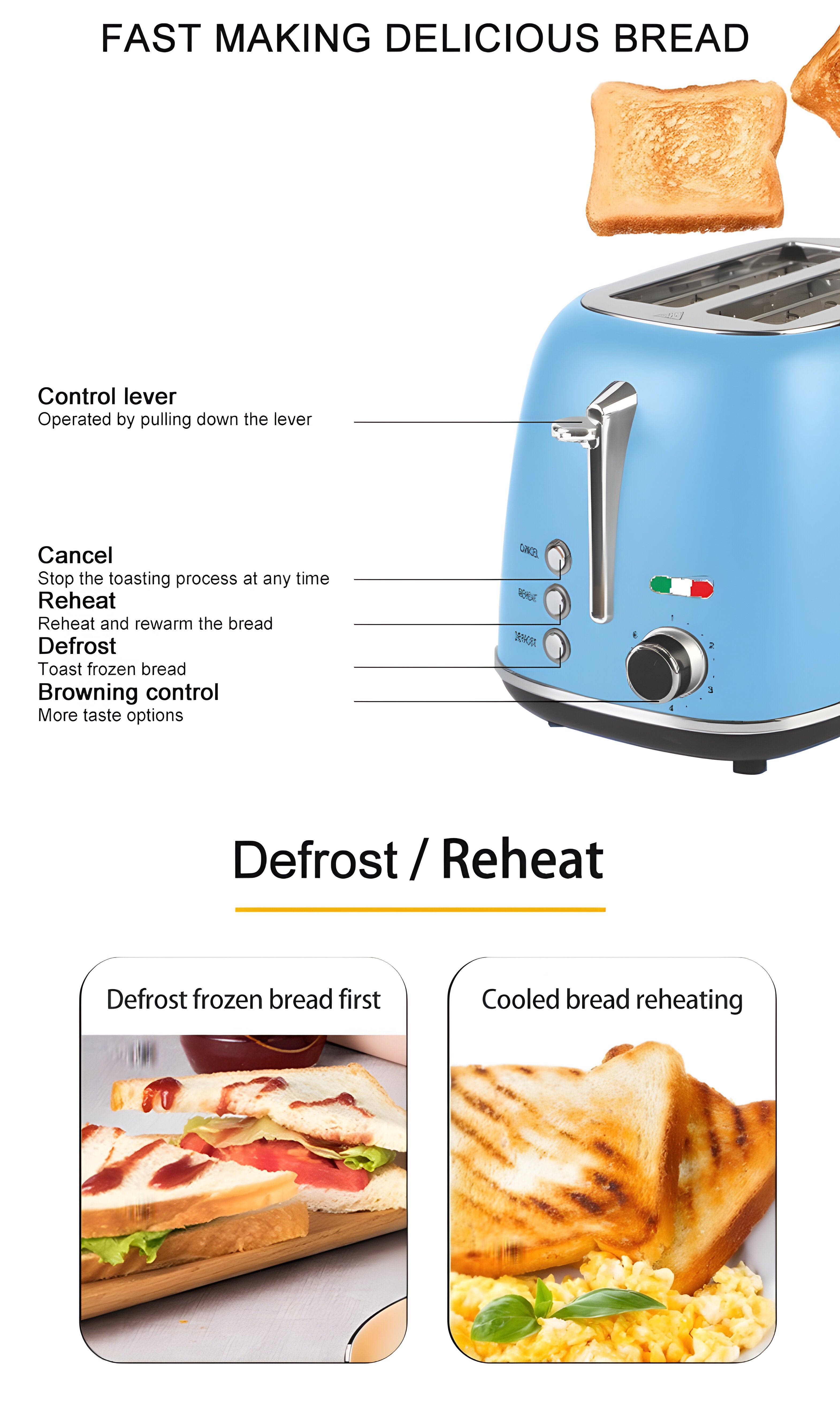 Vintage-Style Electric 2-Slice Toaster – Stainless Steel & Retro Design – Sky Blue