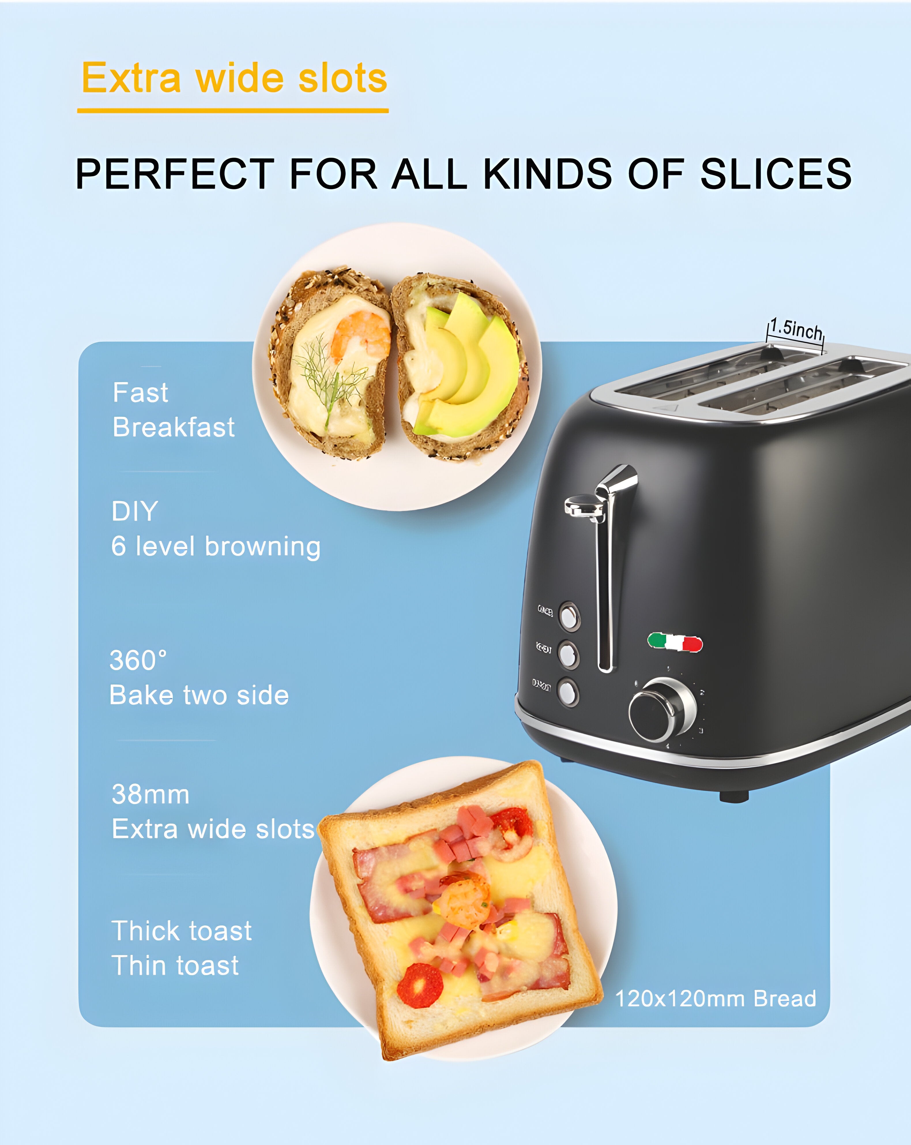 Vintage-Style Electric 2-Slice Toaster – Stainless Steel & Retro Design – Black