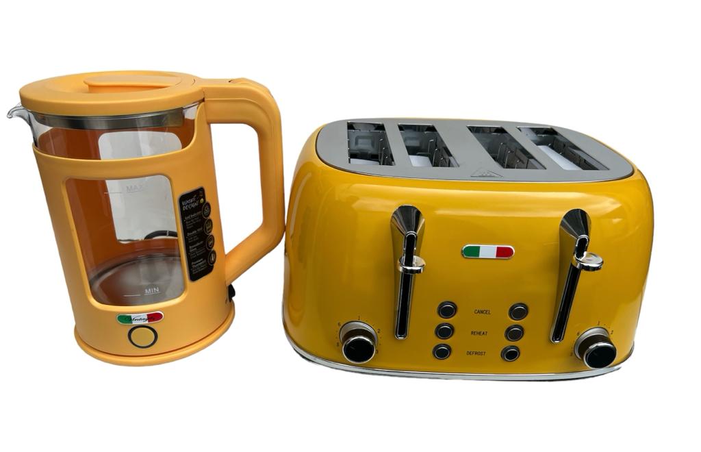 Vintage Electric 1.7L Glass Kettle and Toaster 4 Slice Combo Stainless Steel Yellow