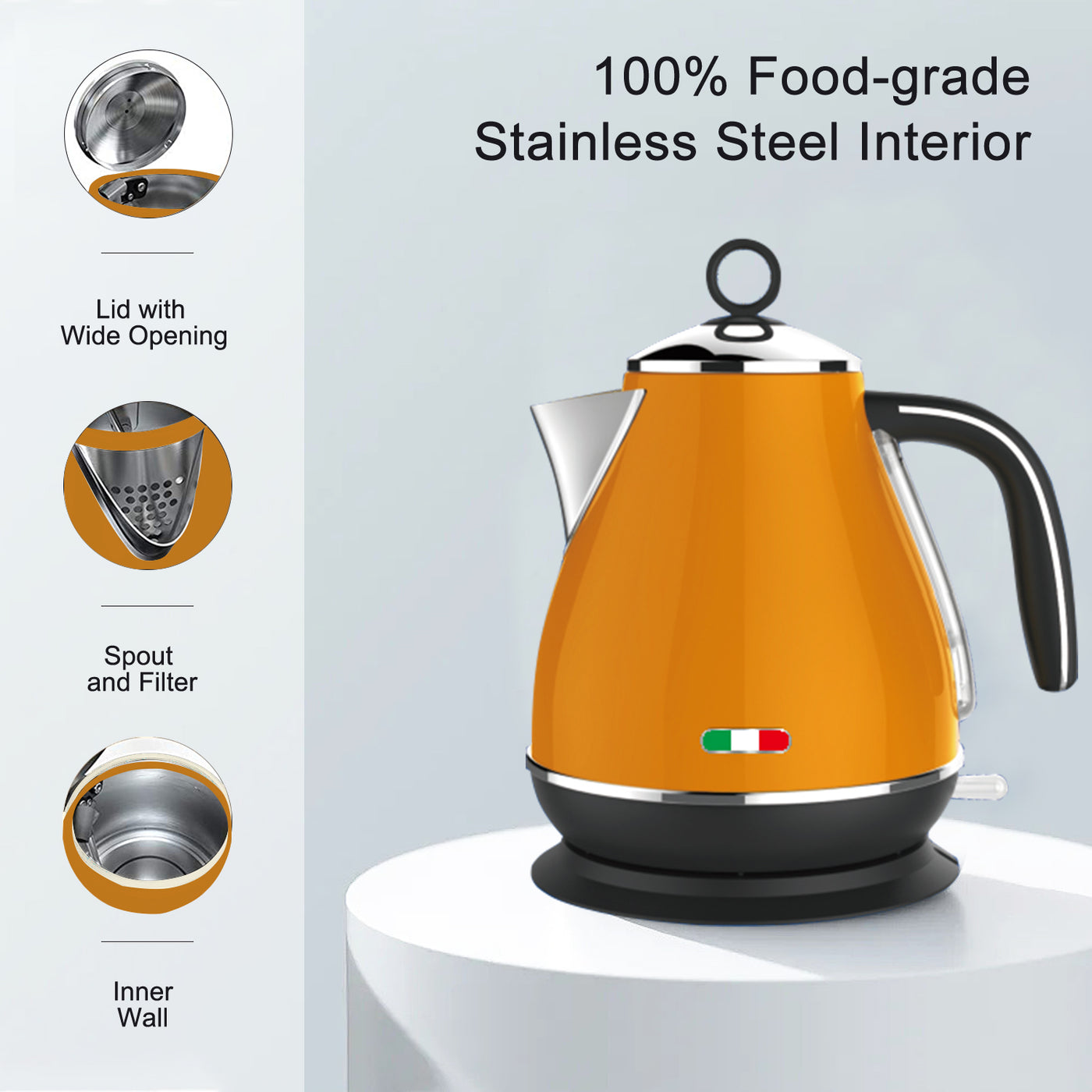 Vintage Electric Kettle Orange 1.7L Stainless Steel Auto OFF 2200W ...