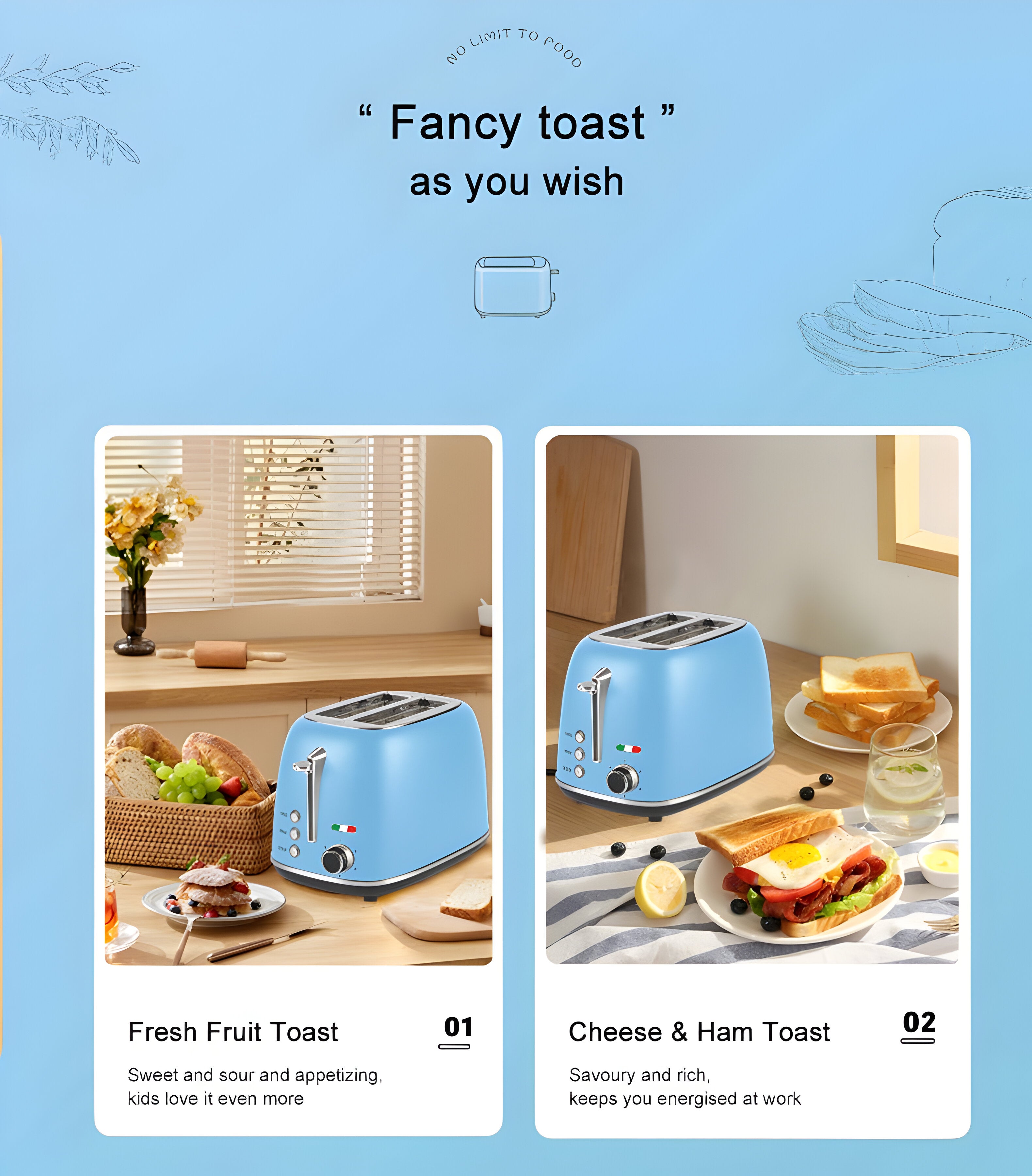 Vintage-Style Electric 2-Slice Toaster – Stainless Steel & Retro Design – Sky Blue