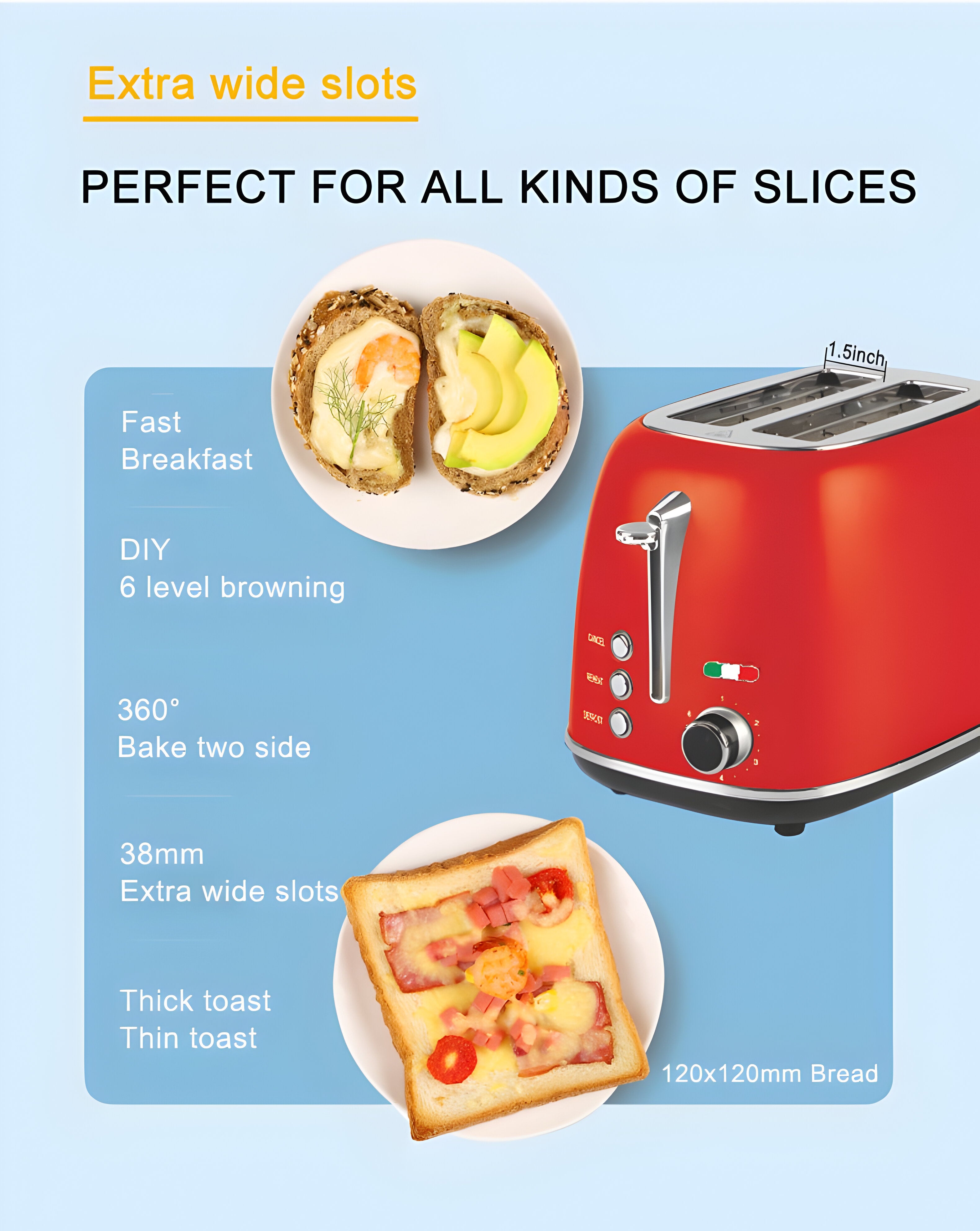 Vintage-Style Electric 2-Slice Toaster – Stainless Steel & Retro Design – Red