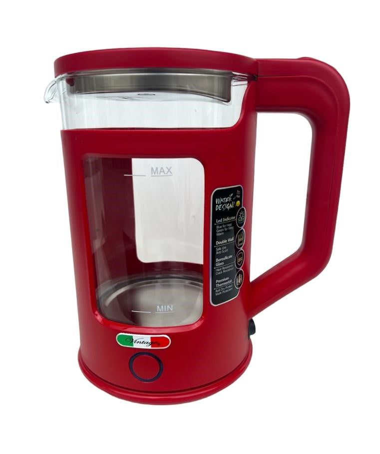 Vintage Electric 1.7L Glass Kettle Boil Dry Protection With Keep Warm Function - Red